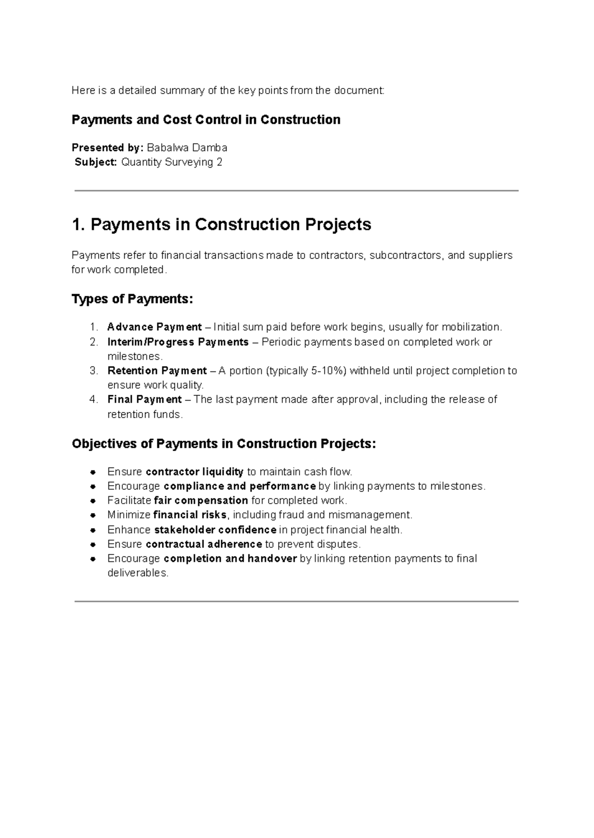 Payments and cost control - Here is a detailed summary of the key ...