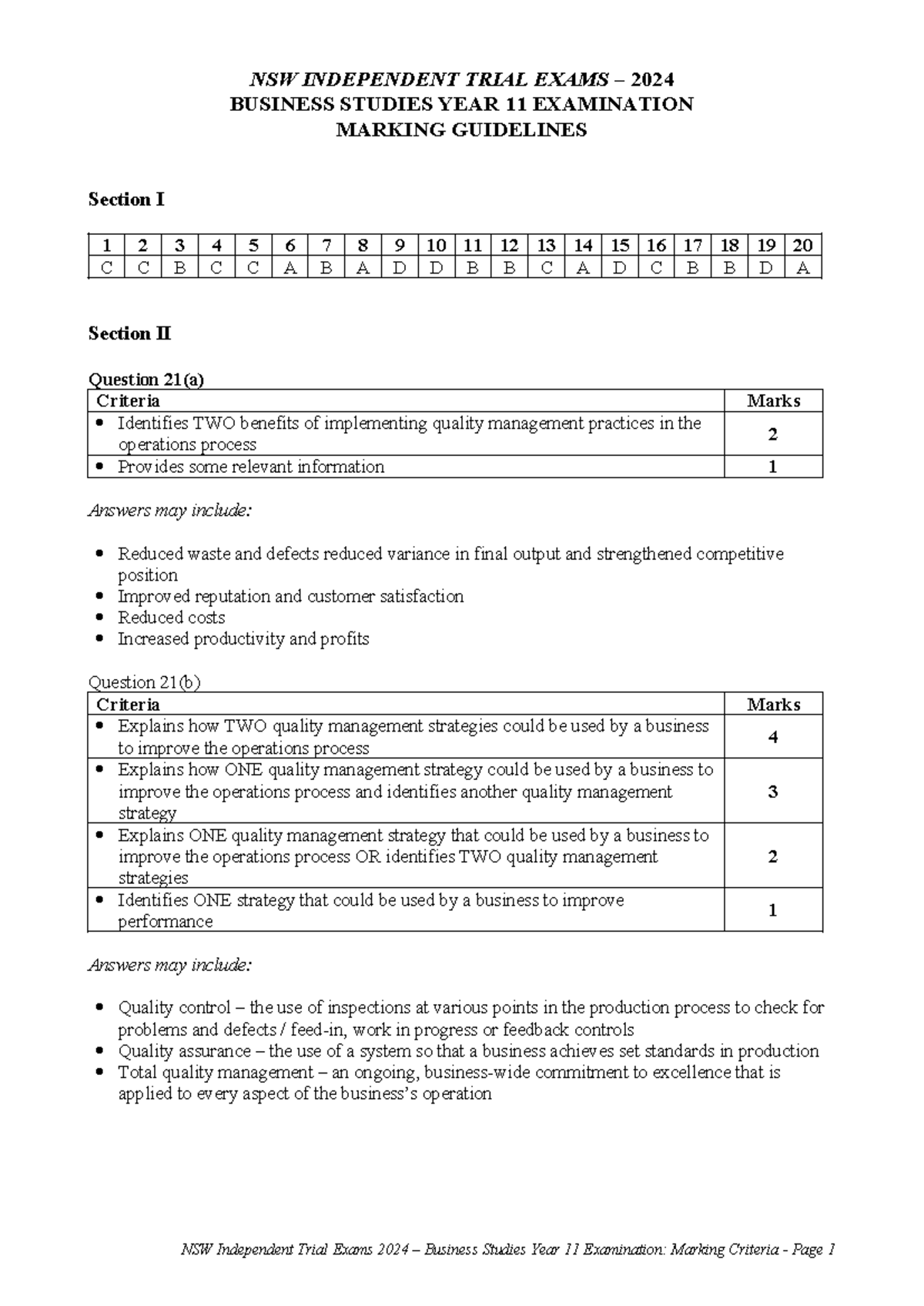 NSW Independent Trial Exams 2024 Business Studies Year 11: Marking ...