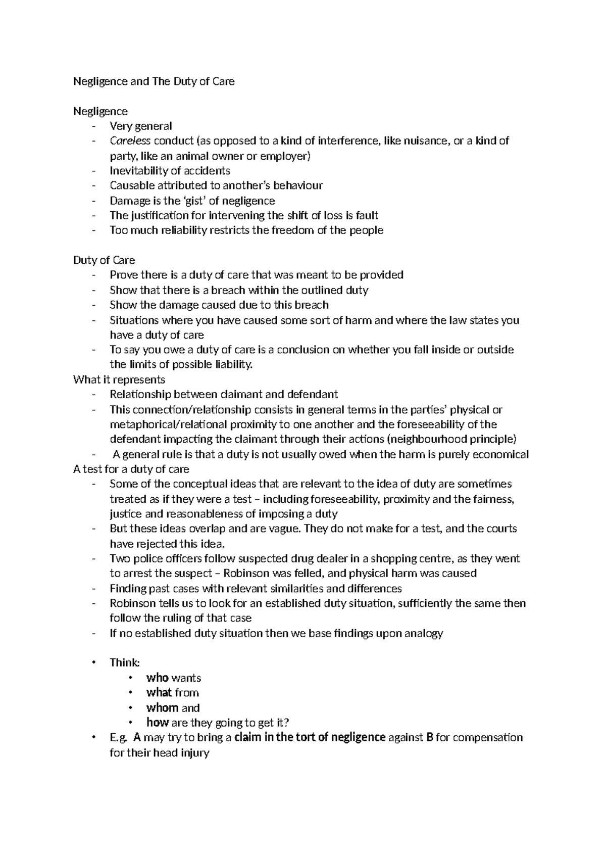 Law Tort introduction - tprt - Negligence and The Duty of Care ...
