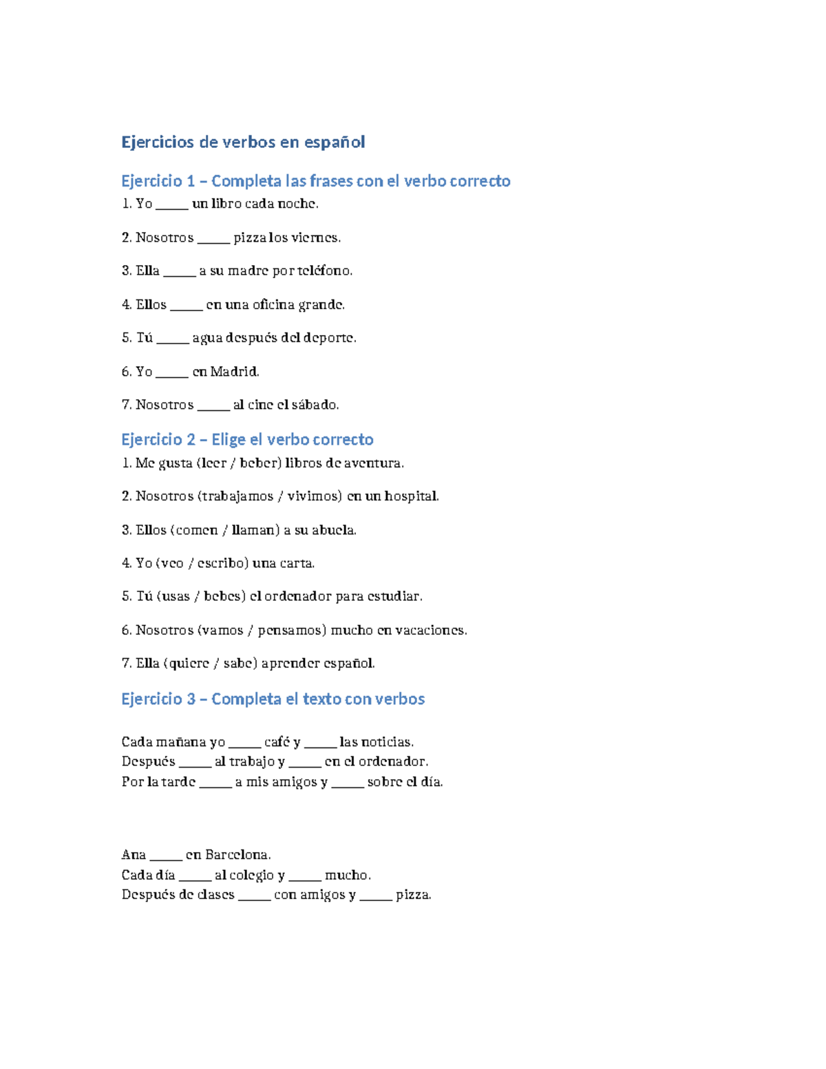 Ejercicios de Verbos en Español - Ejercicio 1 a 5 - Studocu