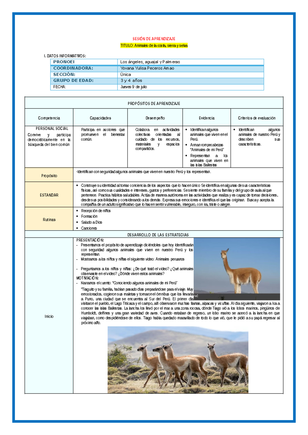 SESION DE APRENDIZAJE: Animales del Perú - Costa, Sierra y Selva - Document Preview