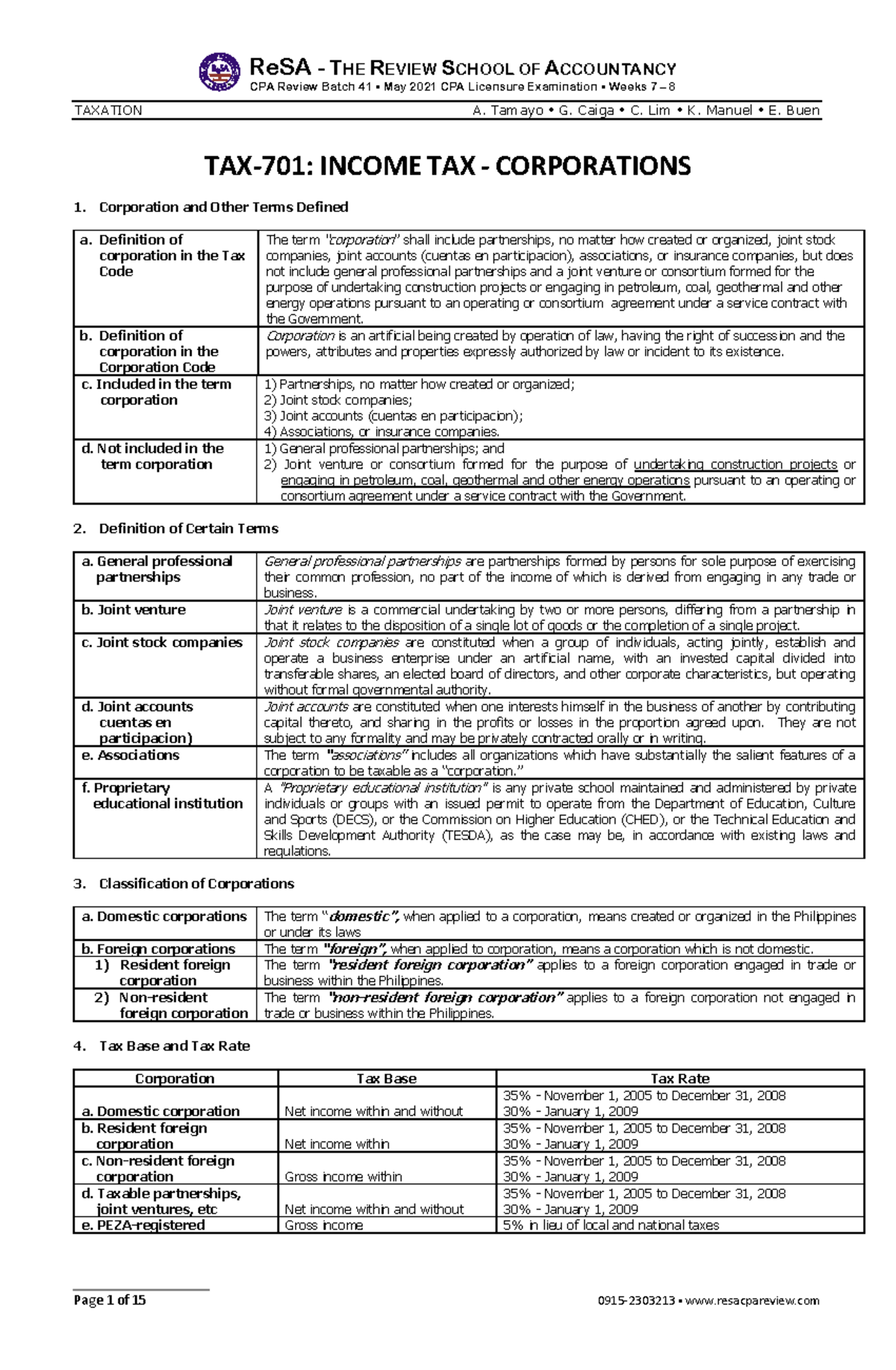 TAX-701 - Lecture Notes on Income Tax for Corporations (Weeks 7-8 ...