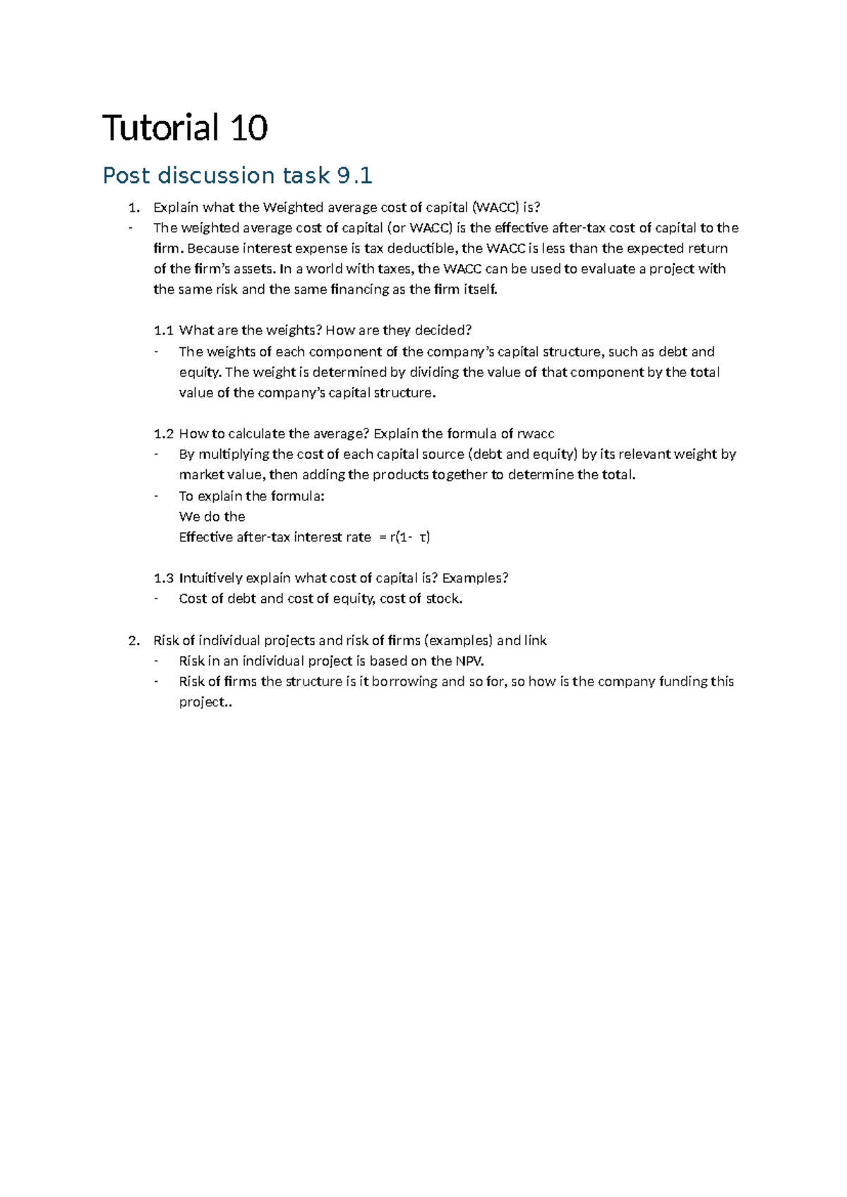 Tutorial 10: WACC Analysis and Project Risk Evaluation - Studeersnel