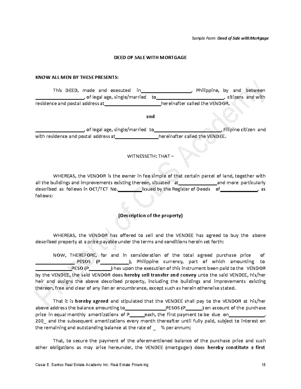 Deed of Sale with Mortgage: Sample Legal Form Template - Studocu