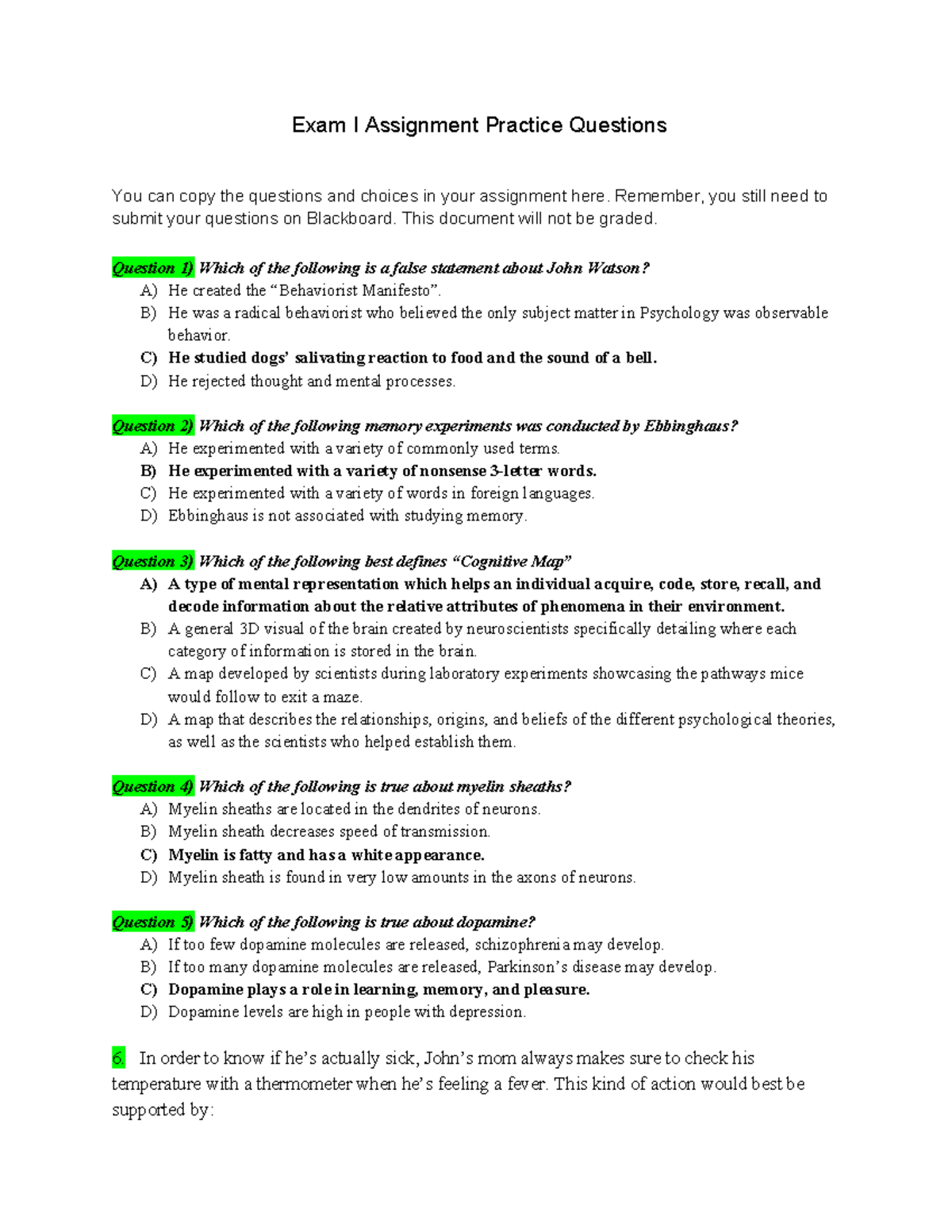 Psychology 101: Exam 1 Practice Assignment Questions Review - Studocu