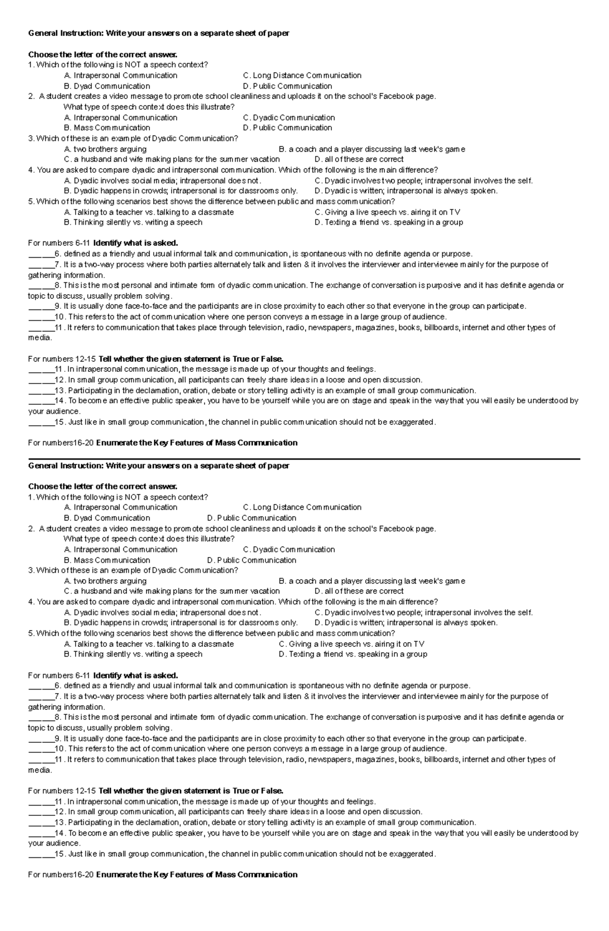 Oral Com 101: Lesson 3 Quiz on Speech Contexts and Communication - Studocu