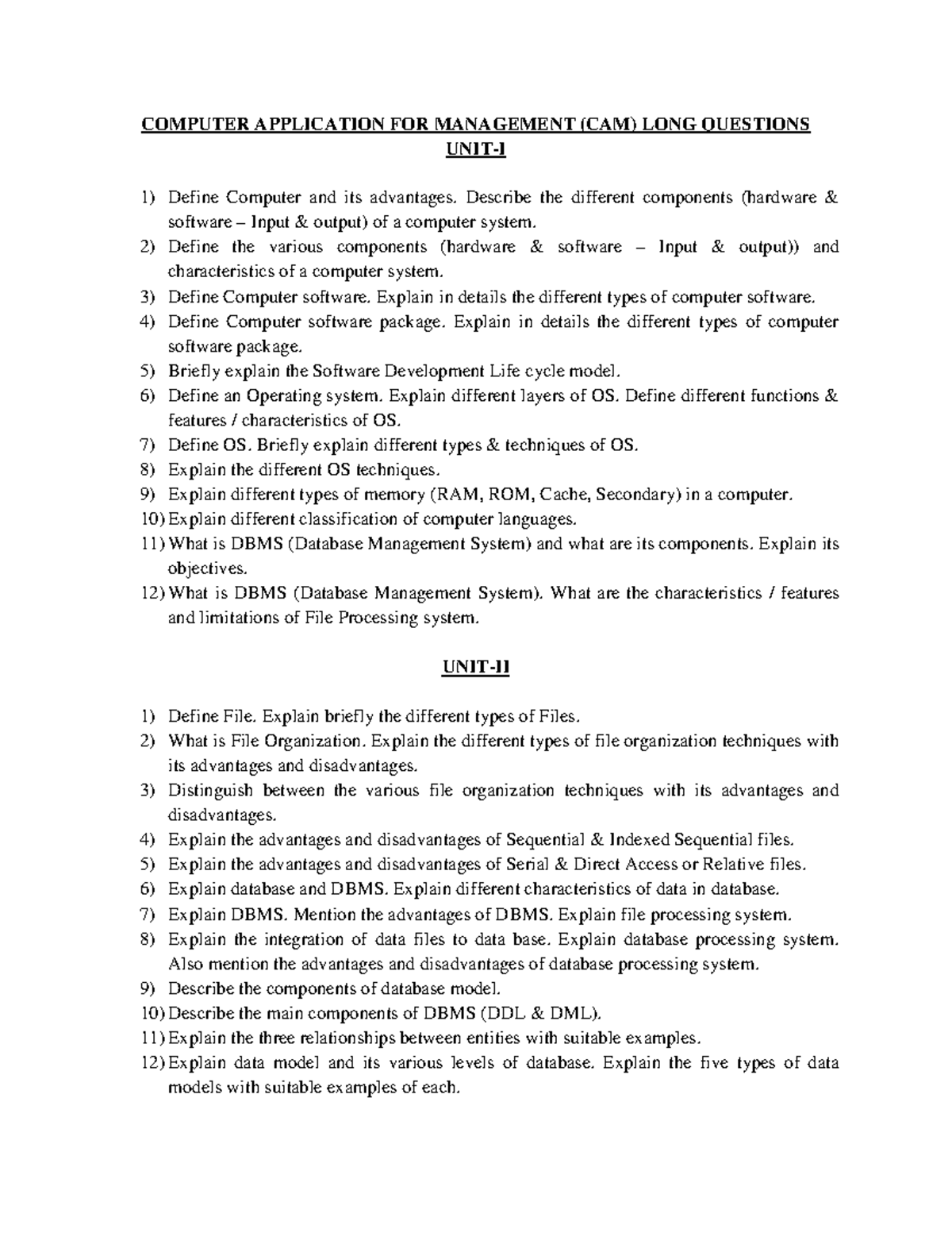 CAM UNIT WISE Questions - COMPUTER APPLICATION FOR MANAGEMENT (CAM ...