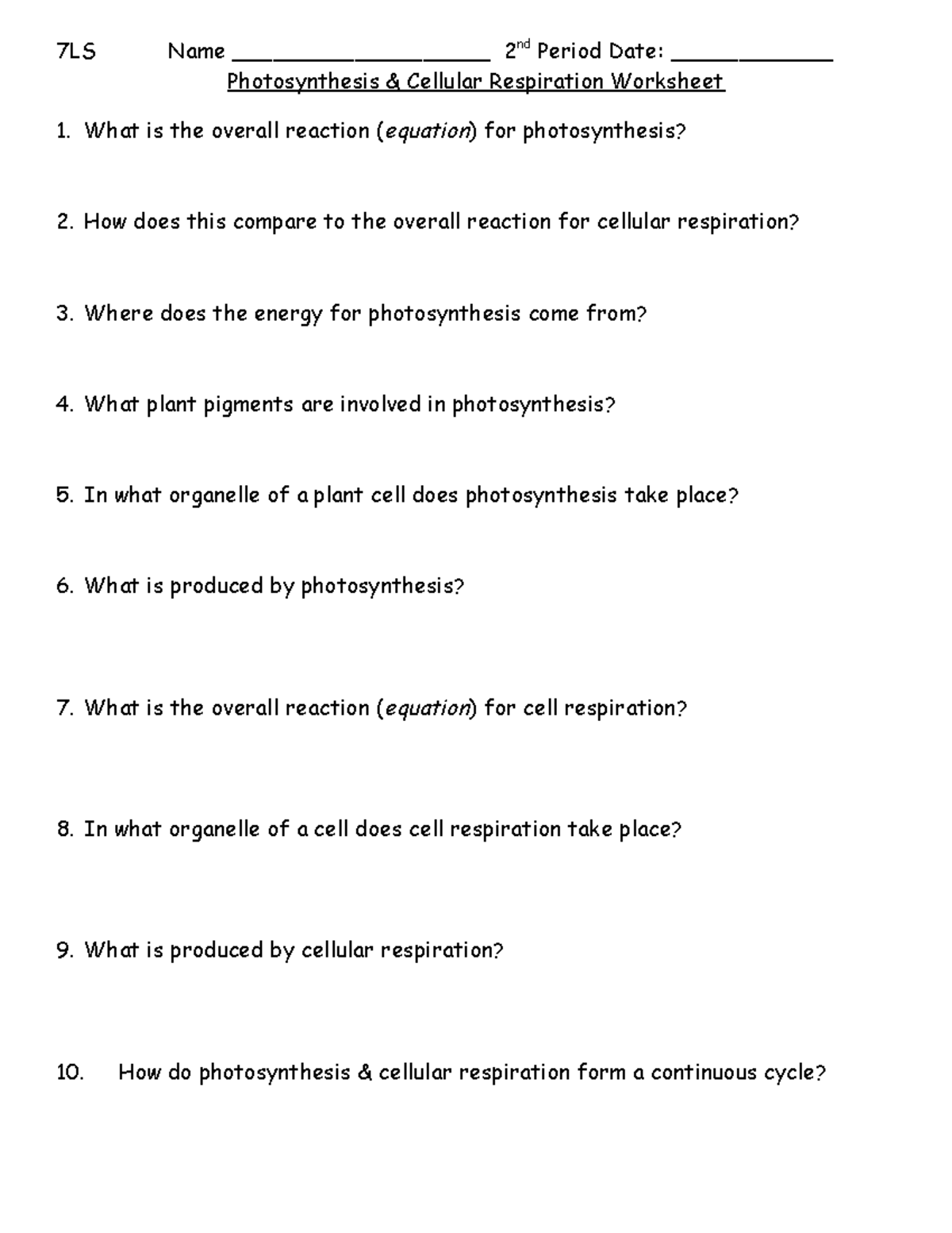 Photosynthesis Cellular Respiration Worksheet Cellular Respiration