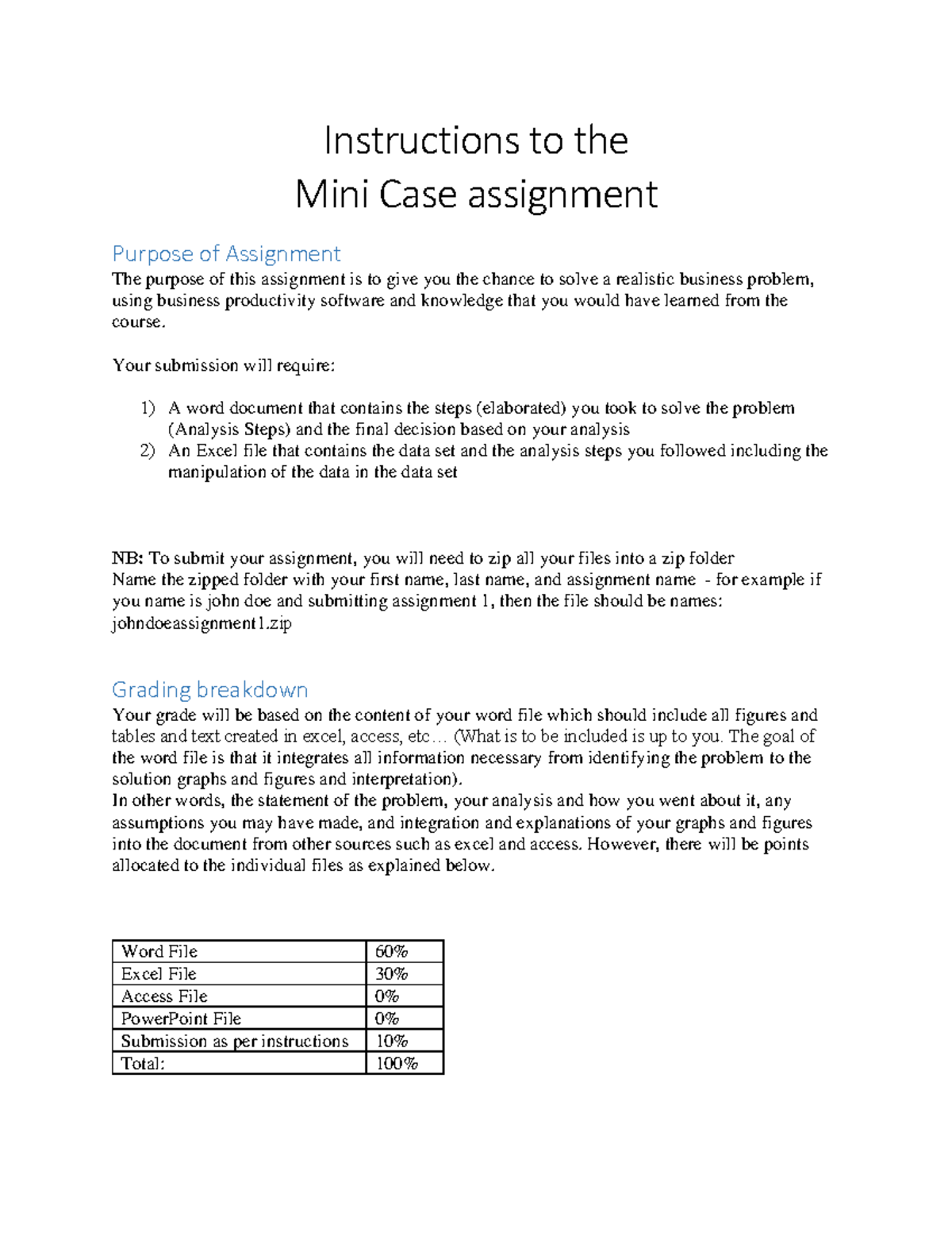 Mini Case Assignment Instructions for Business Analysis Course - Studocu