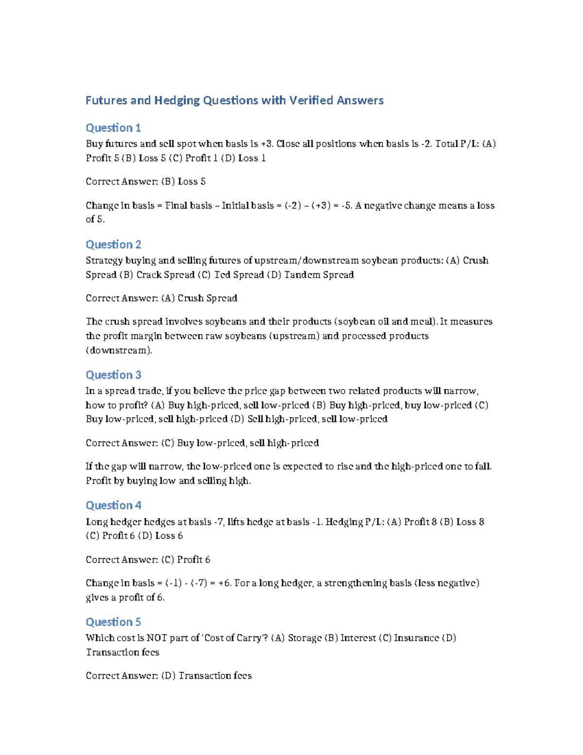 Futures and Hedging Q&A: Strategies and Profit Analysis - Studocu