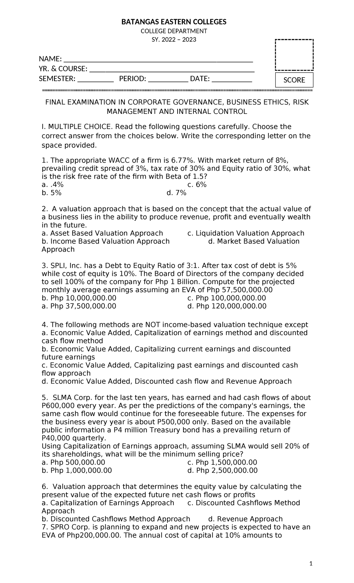 Final Exam in Business Ethics (COURSE CODE: ABC123) - Studocu