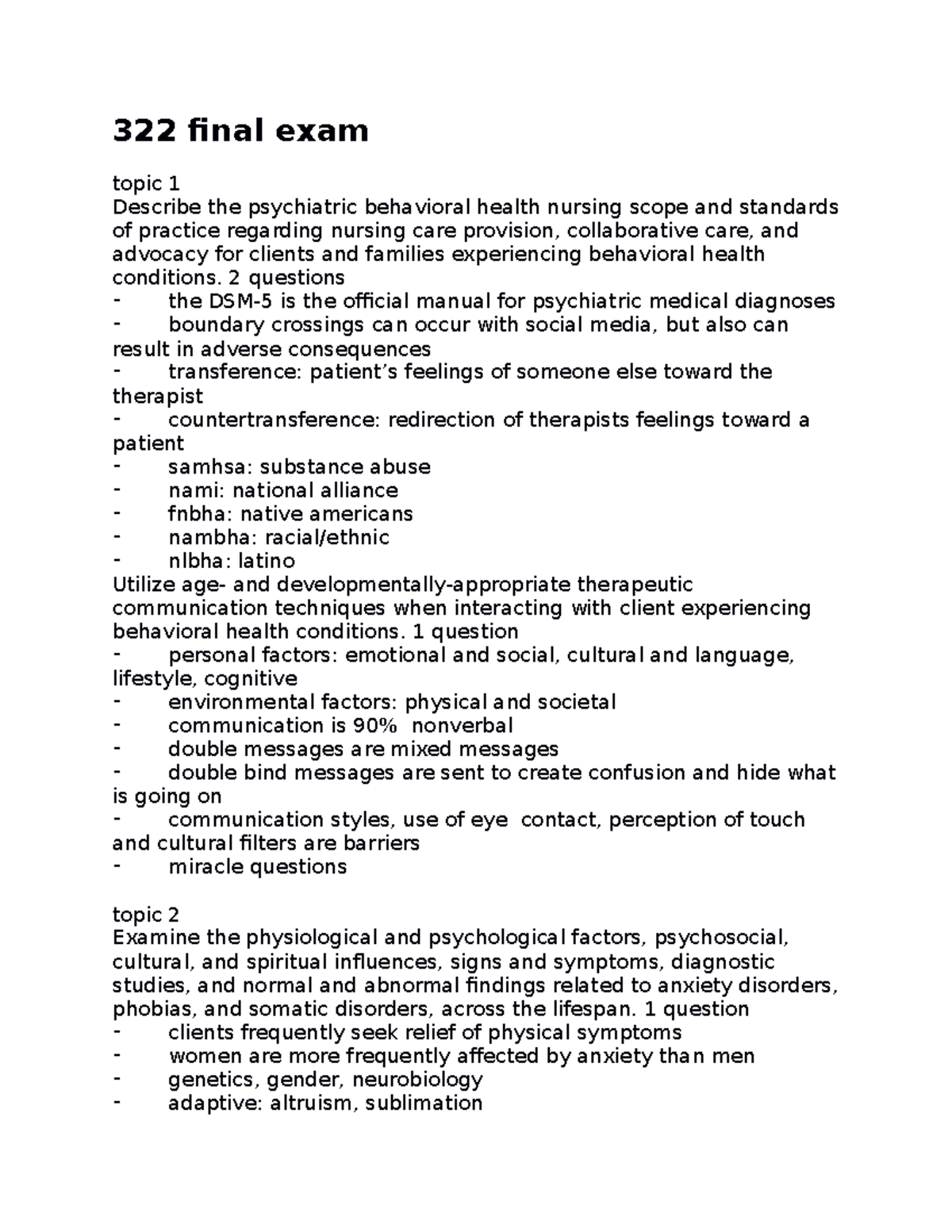 322 Final Exam - Comprehensive Notes on Behavioral Health Nursing - Studocu