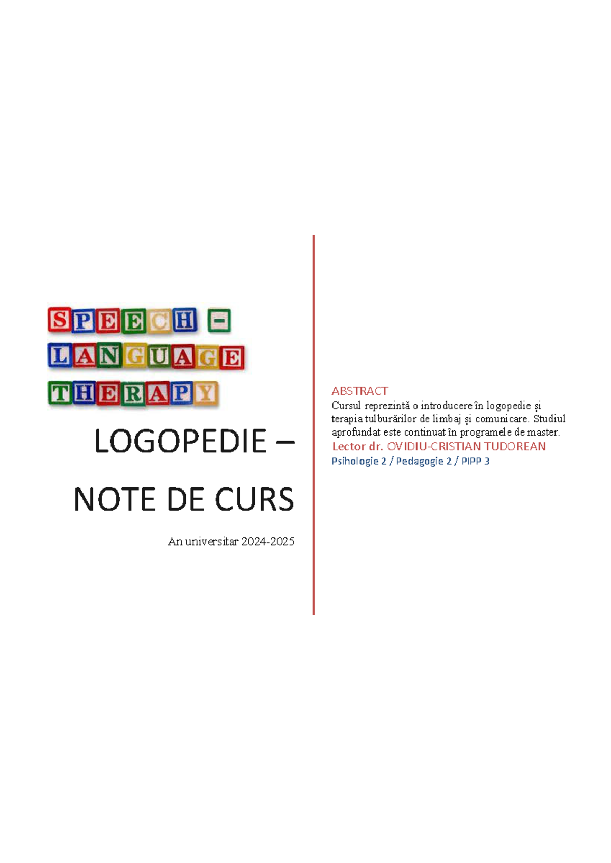 Logopedie - Note de curs pentru Cursul Opțional 2025 - Studocu