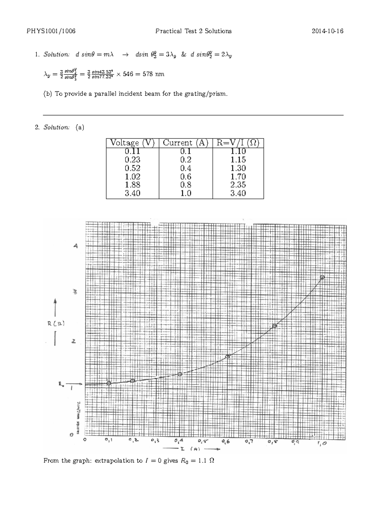 PHYS1001/1006 Practical Test 2 Solutions from 2014 - Studocu