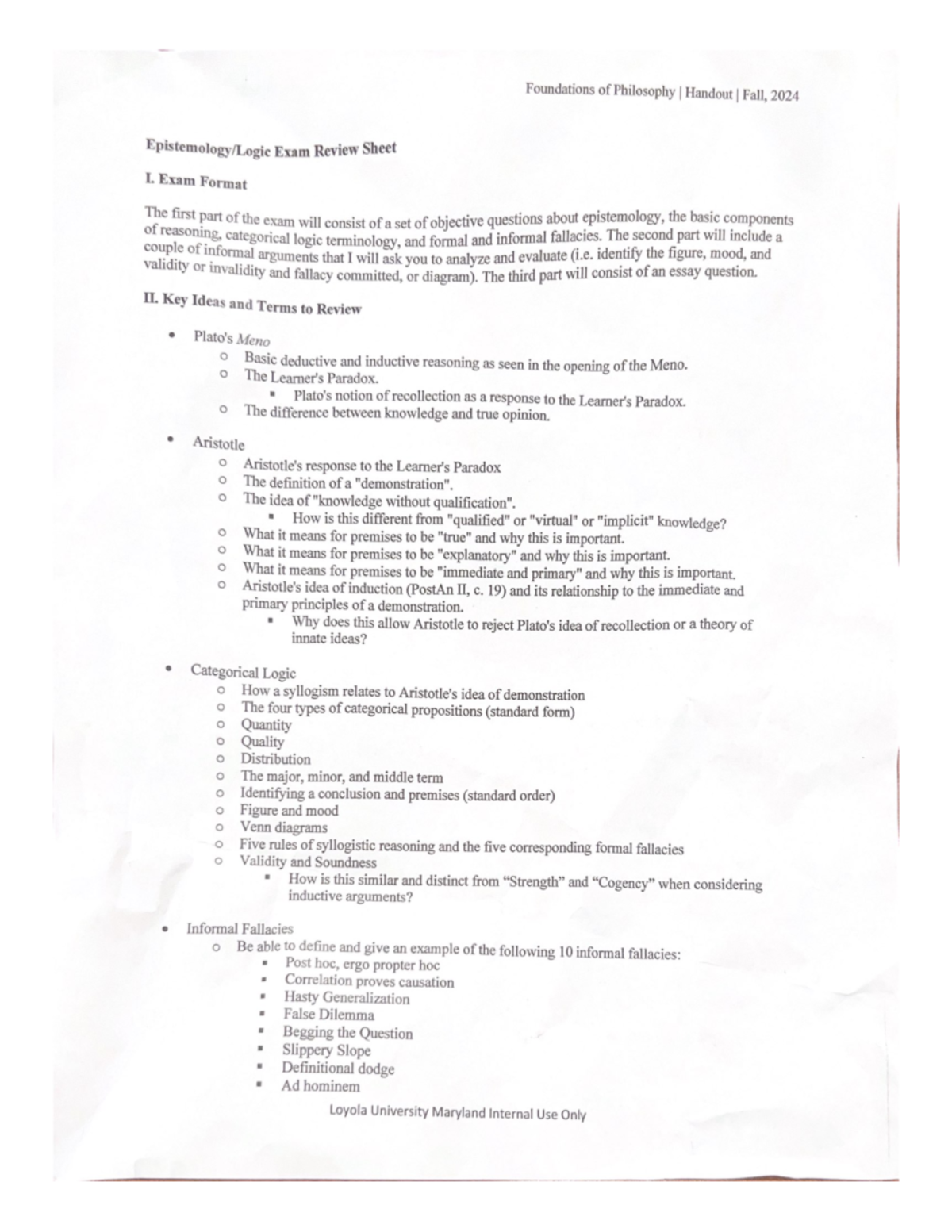 Foundations of Philosophy Handout | Fall 2024 - Exam Format The first ...