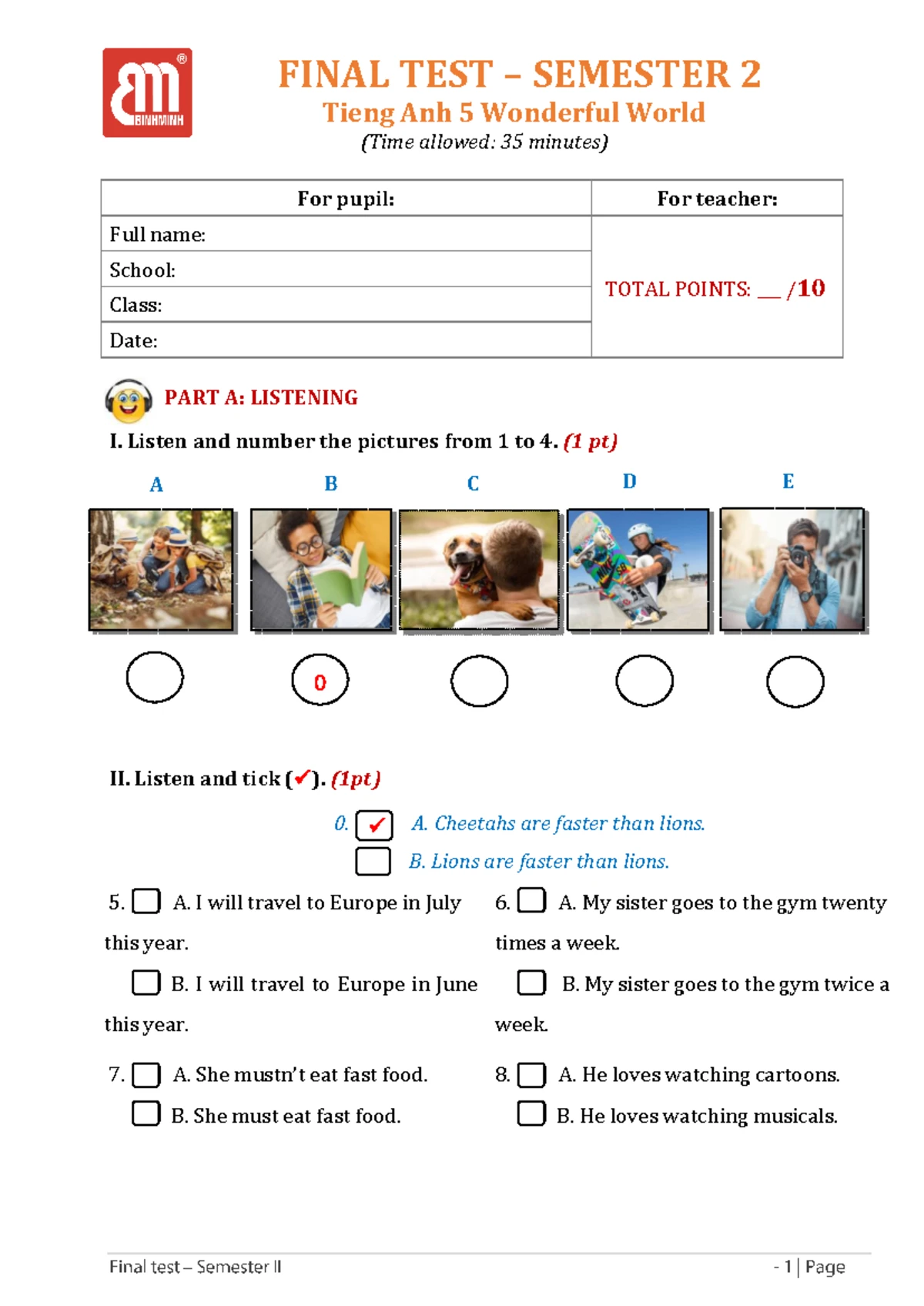 TA 5 WW - Final Test - Semester 2 - Listening & Reading Components ...