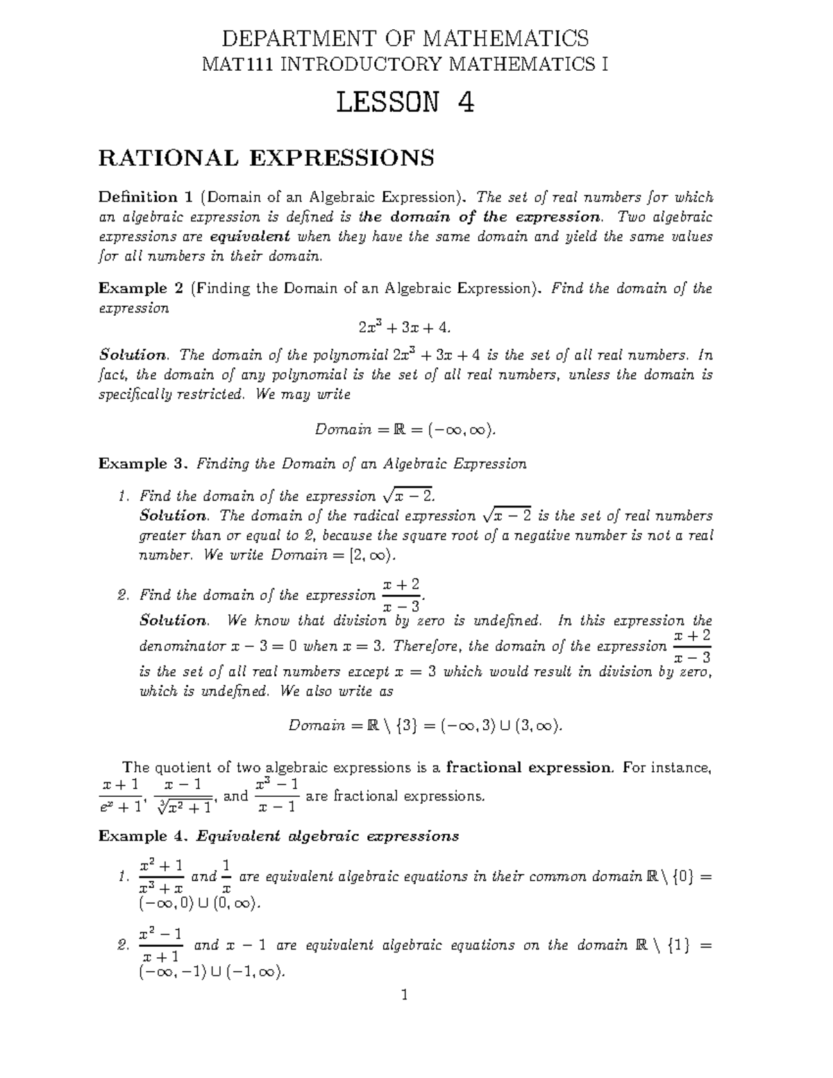 MAT 111 Lesson 4 - Revision - DEPARTMENT OF MATHEMATICS MAT111 ...