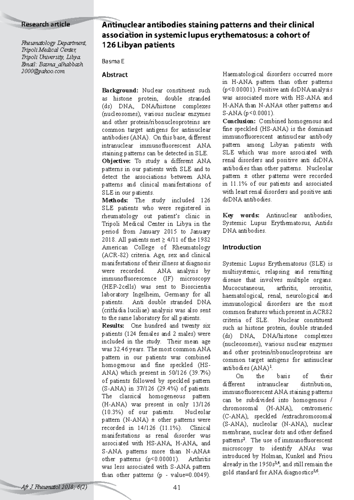 Antinuclear Antibodies Patterns in SLE: A Study of 126 Patients in Lia ...