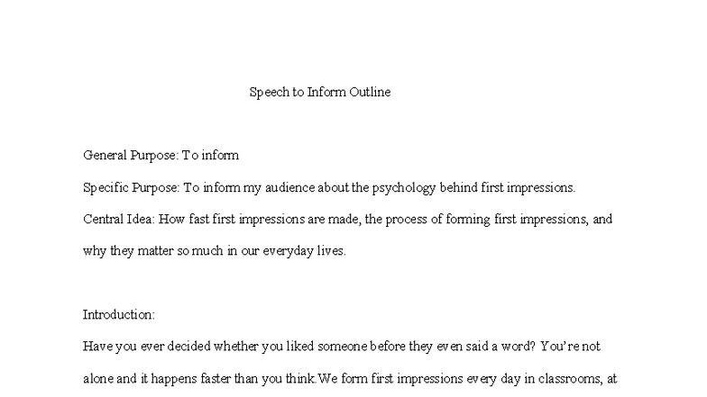 Speech Inform Outline: The Psychology of First Impressions - Studocu