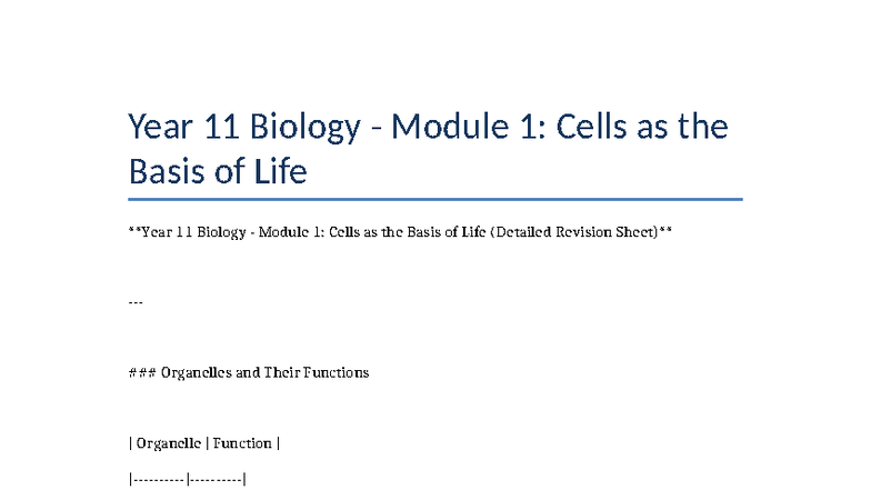 Year 11 Biology 11BIO Module 1: Cells & Their Functions Revision - Studocu