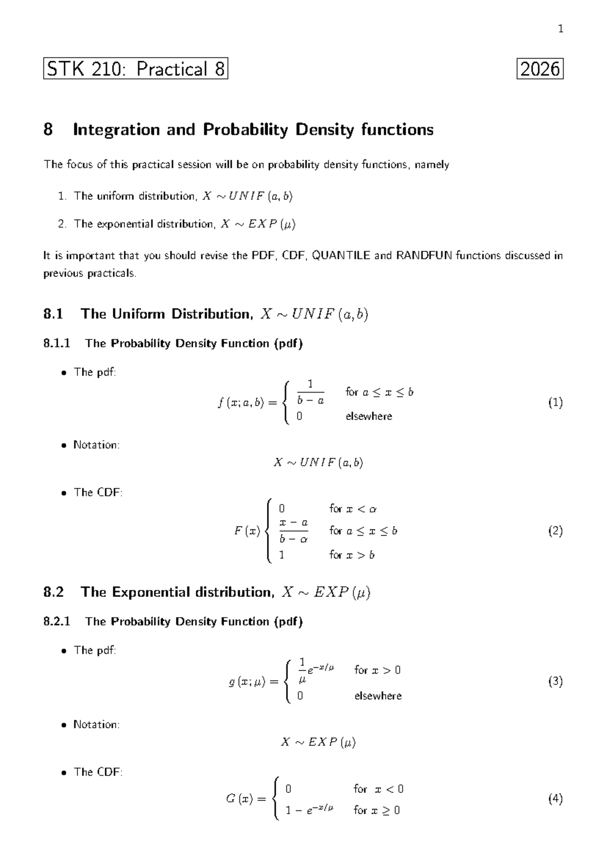 1 STK 210: Practical 8 - Integration & Probability Density Functions ...