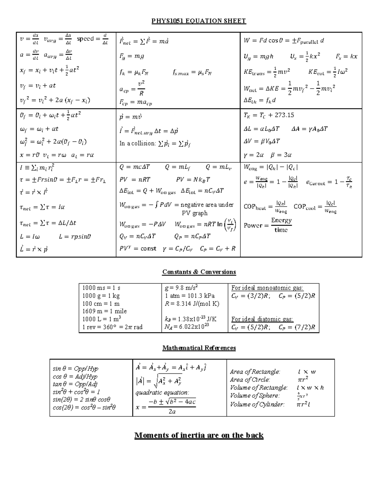 Equation sheet-1 - PHYS 1051 EQUATION SHEET 𝑣 = !" !# 𝑣 ...