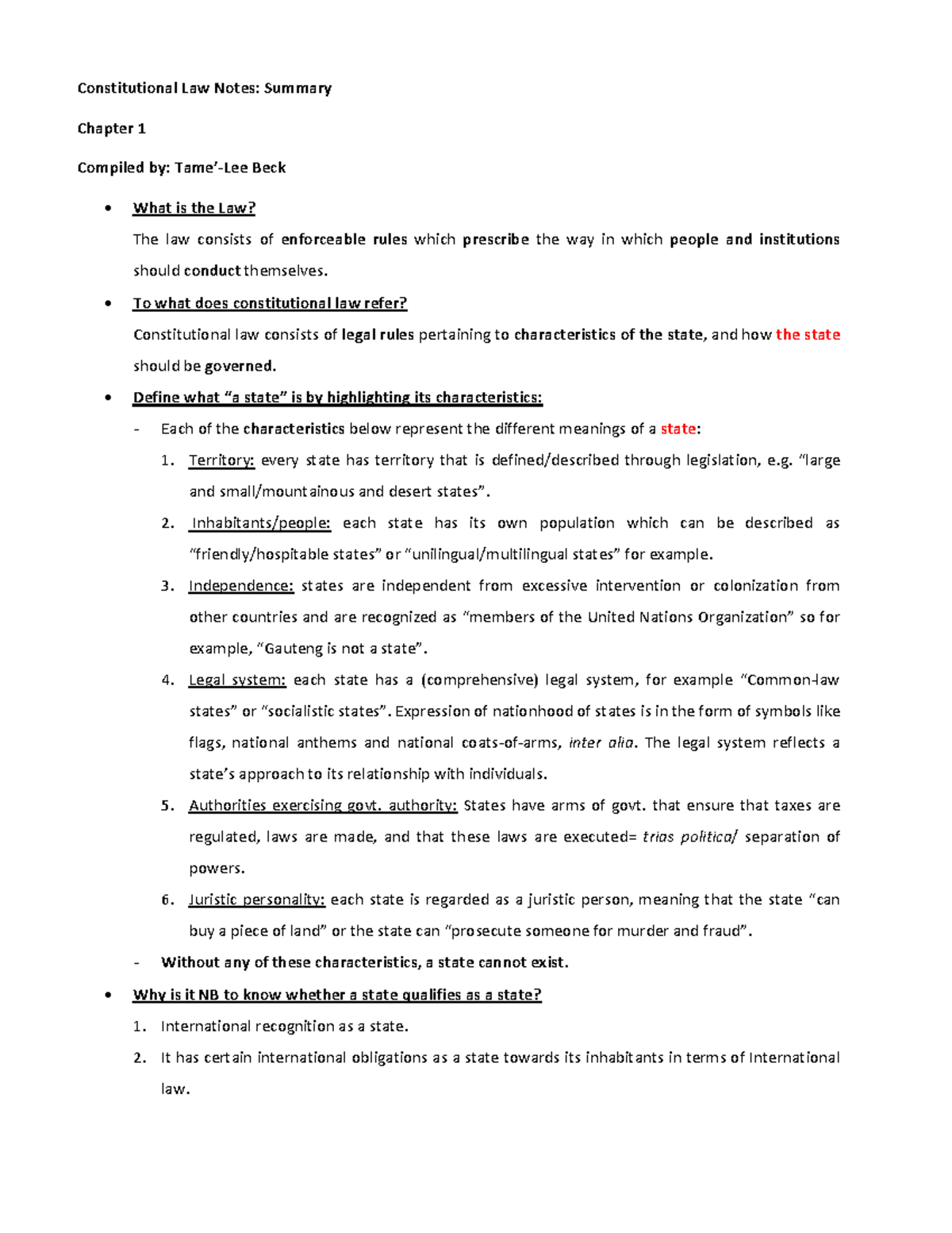 Constitutional Law Compendium: Chapter 1 Summary (LAW 101) - Studocu