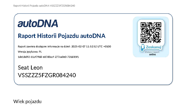 Raport Historii Pojazdu autoDNA - Seat Leon 2015 - Studocu