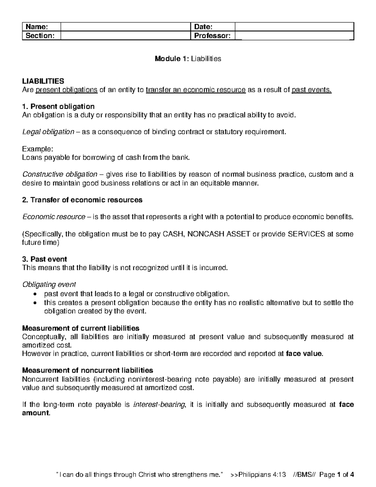 Module+1+Liabilities - Name: Date: Section: Professor: Mr. Benjie M ...