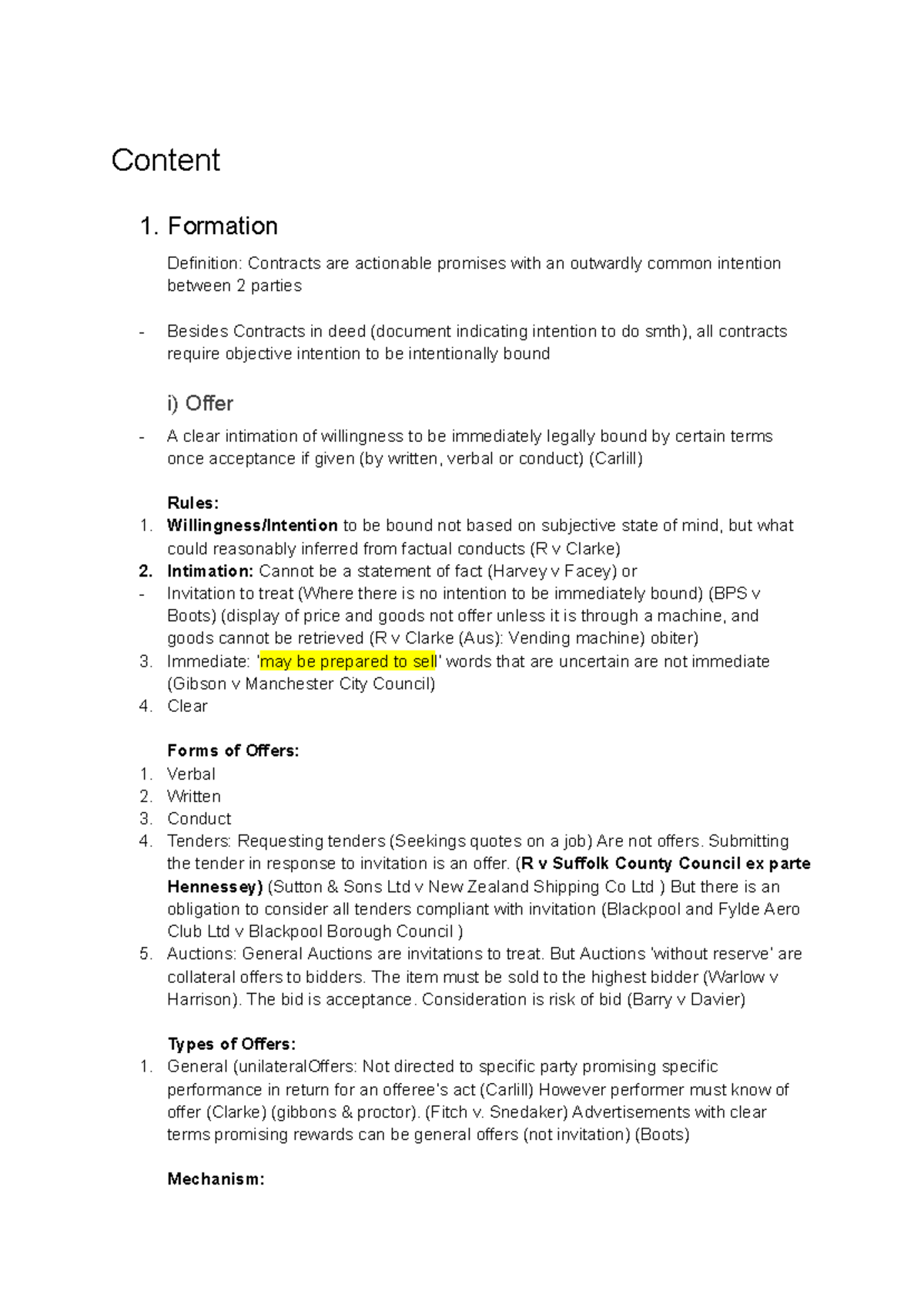 Contract Law Study Sheet: Key Concepts and Case Summaries (LAW101 ...