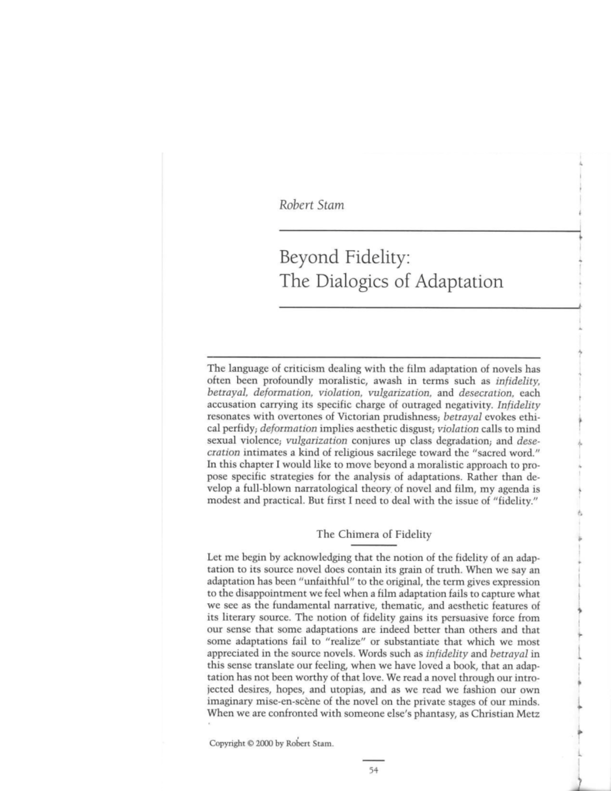 Beyond Fidelity: The Dialogics of Adaptation in Film and Literature ...
