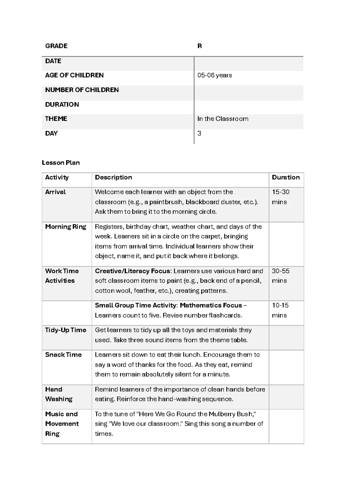 Grade R Lesson Plan Wk 2: Wed Activities & Objectives - Studocu