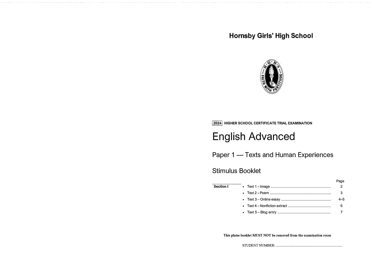 Hornsby Trial Paper 1 Stimulus Booklet 2024-1 - I 2024 I HIGHER SCHOOL ...