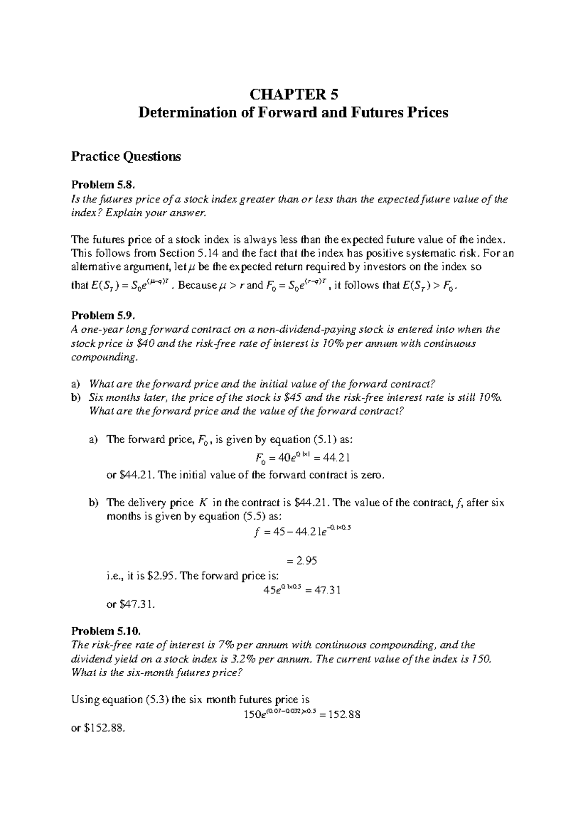 Ch05 Problem Solutions - CHAPTER 5 Determination of Forward and Futures ...