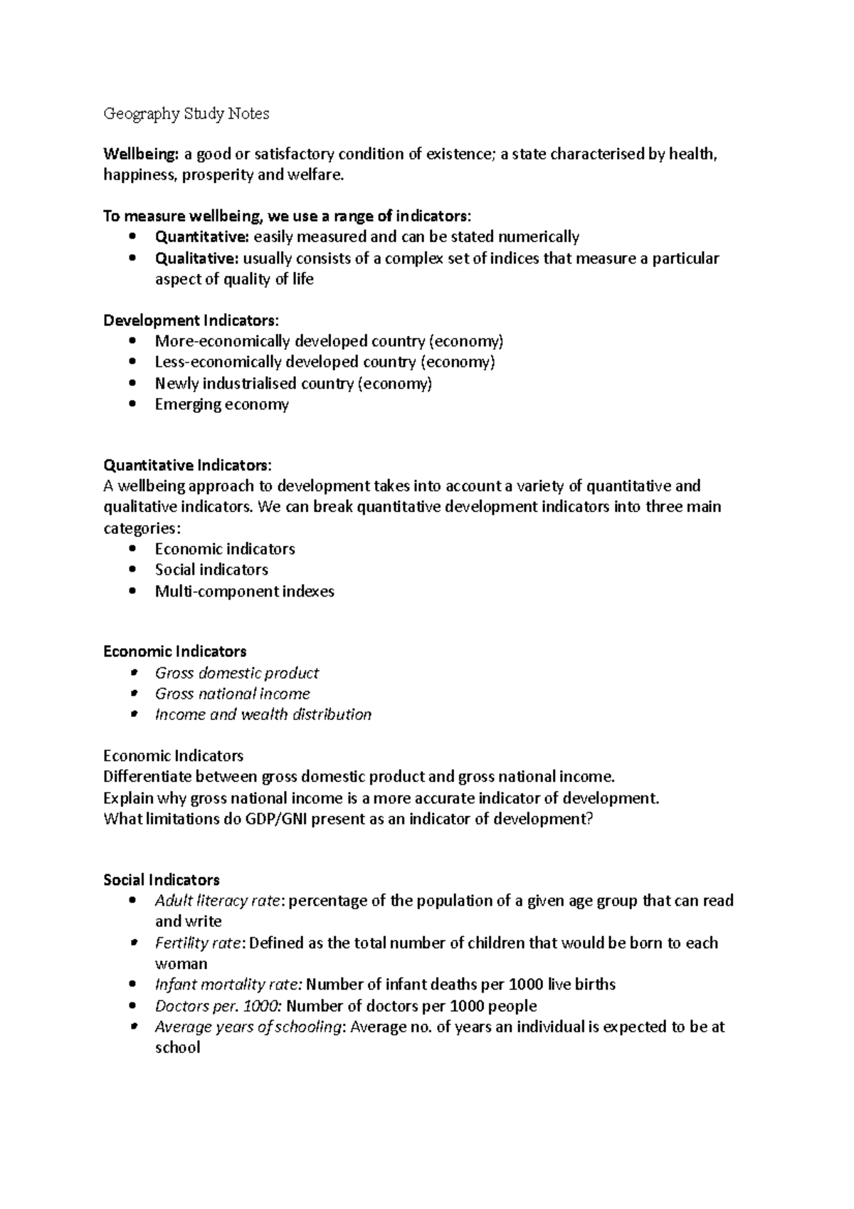 Geography Study Notes: Wellbeing & Development Indicators - Studocu