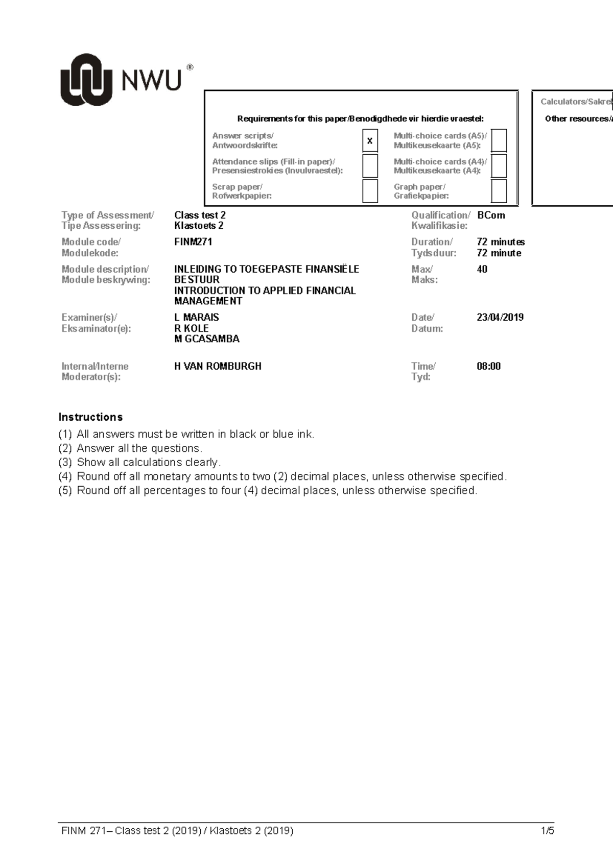 FINM271 Class Test 2 (2019): Applied Financial Management Requirements ...