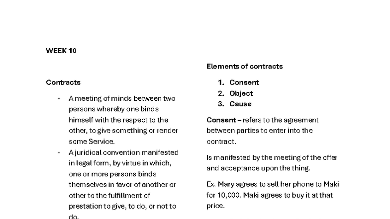 WEEK 10: Obligations and Contracts Overview - Studocu