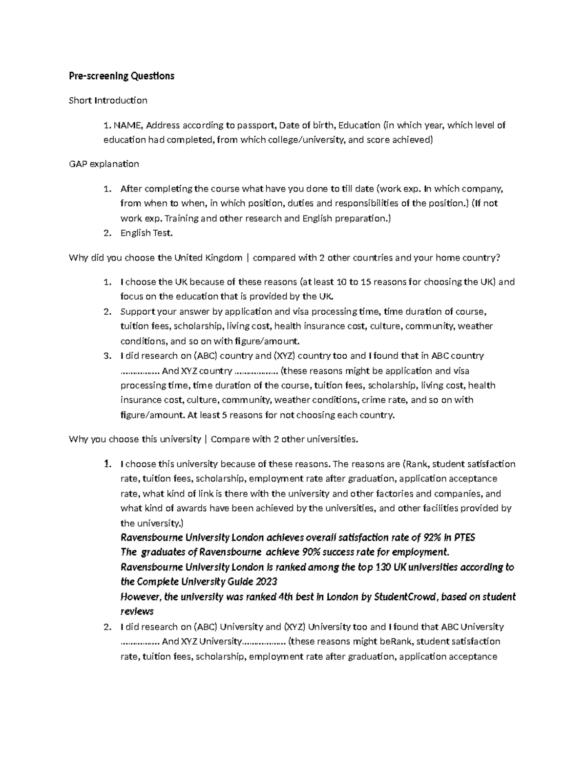 Updated Pre-CAS Questions for BPP University Application - Studocu