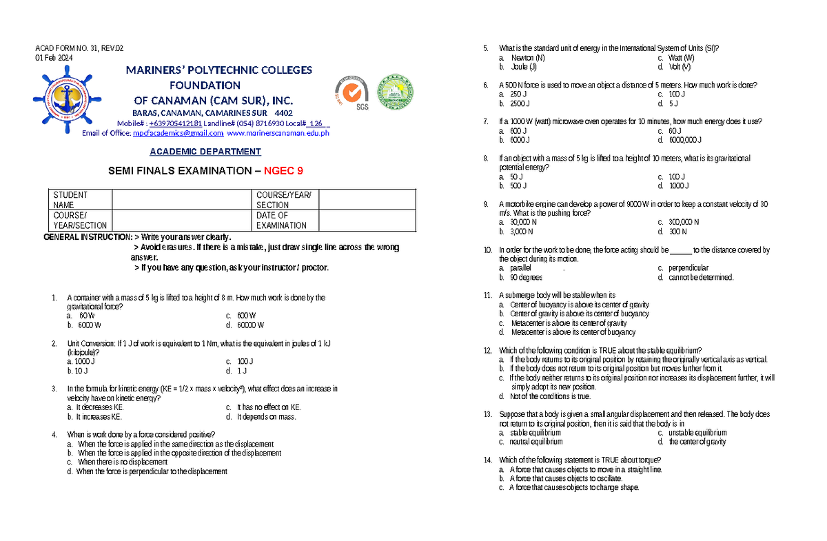 Acads FORM 31 Questionnaire NGEC 9 - ACAD FORM NO. 31, REV. 01 Feb 2024 ...
