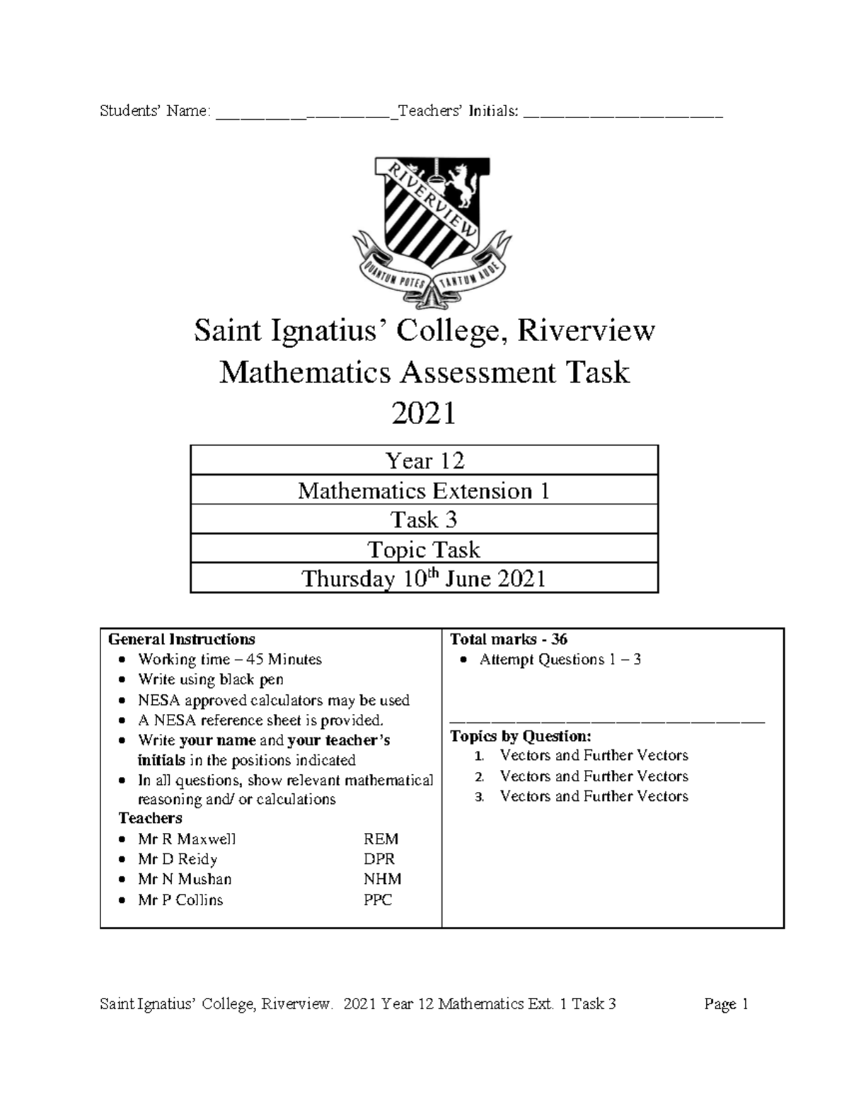 2021 Yr 12 Mathematics Ext 1 Task 3 Assessment - Vectors - Studocu