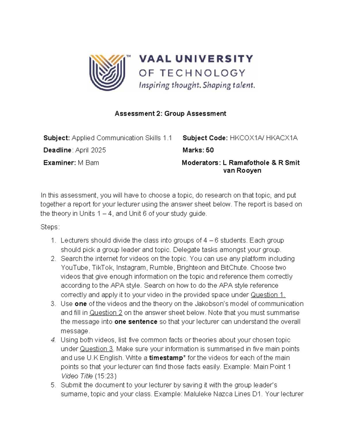 2025 Group Assessment 2: Applied Communication Skills 1.1 - Studocu