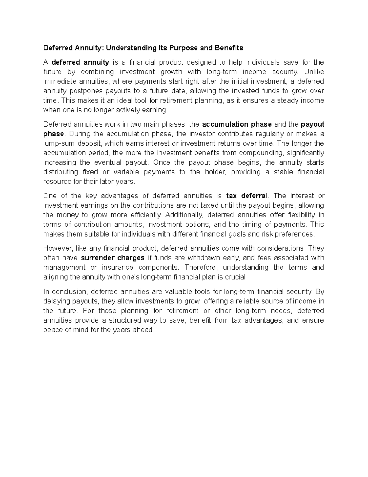 Deferred Annuity: Purpose, Benefits, and Financial Planning - Studocu