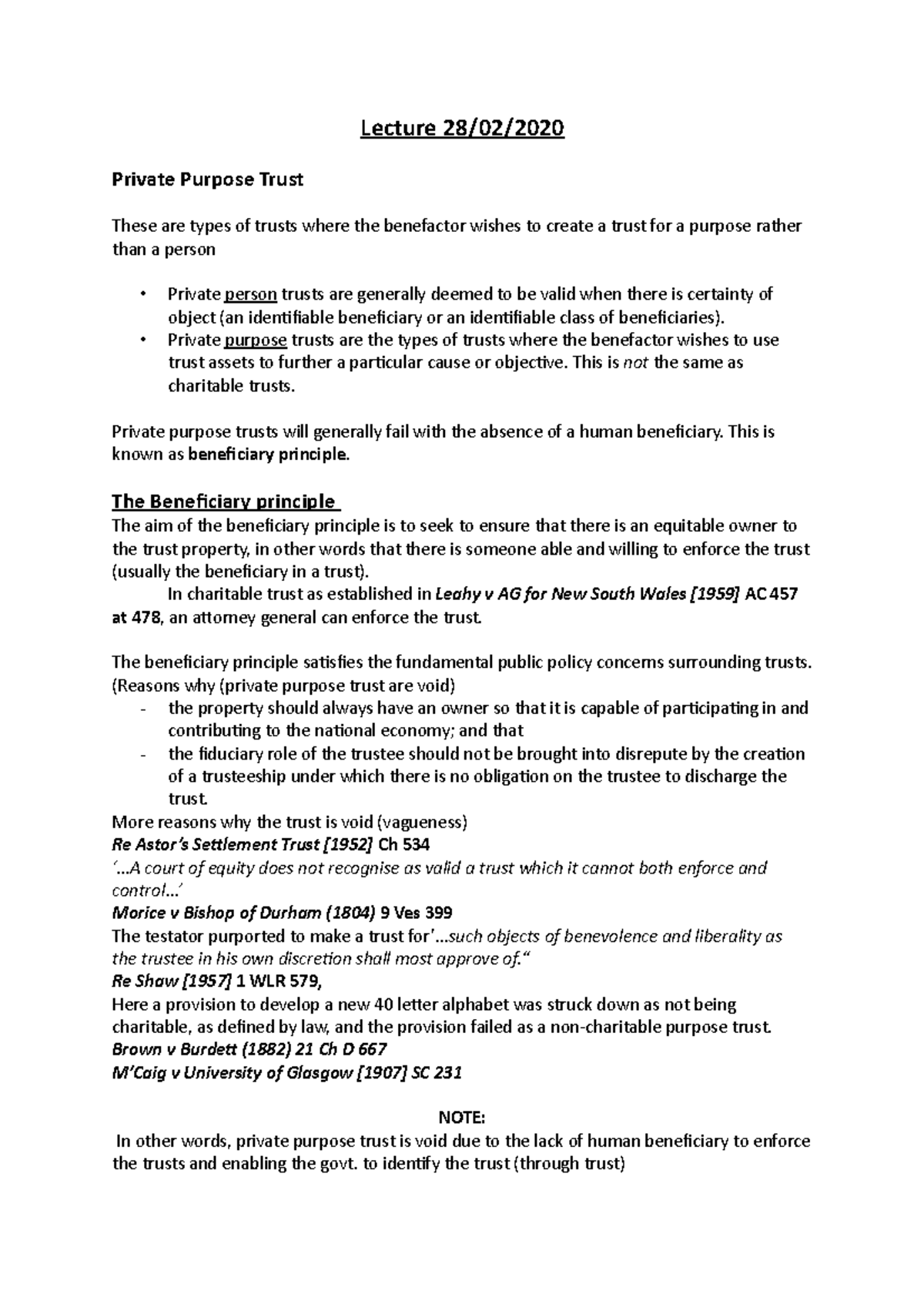 Equity 4 - Lecture Notes on Private Purpose Trusts and Beneficiary ...