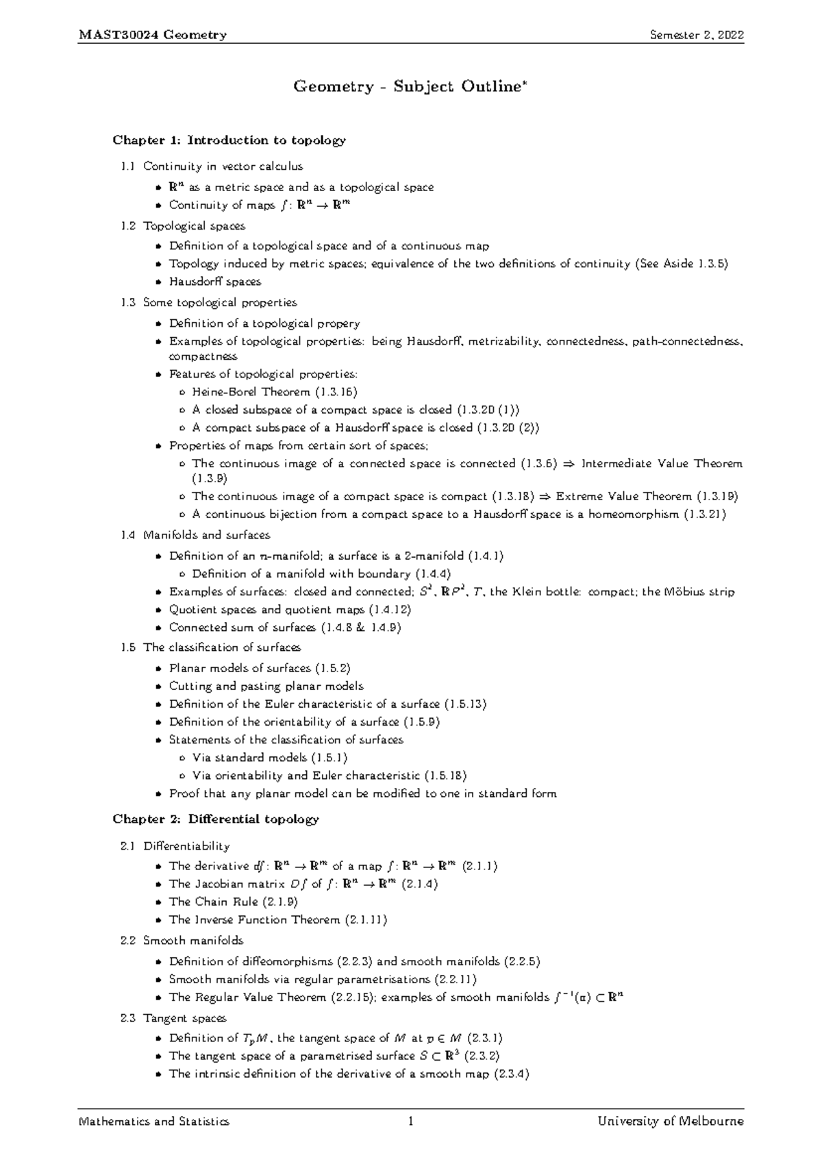 MAST30024 Geometry Subject Outline - Semester 2, 2022 Overview - Studocu