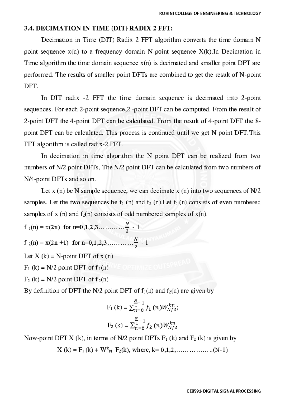 ROHINI COLLEGE OF ENGINEERING TECHNOLOGY 3.4. DIT Radix-2 FFT Notes ...