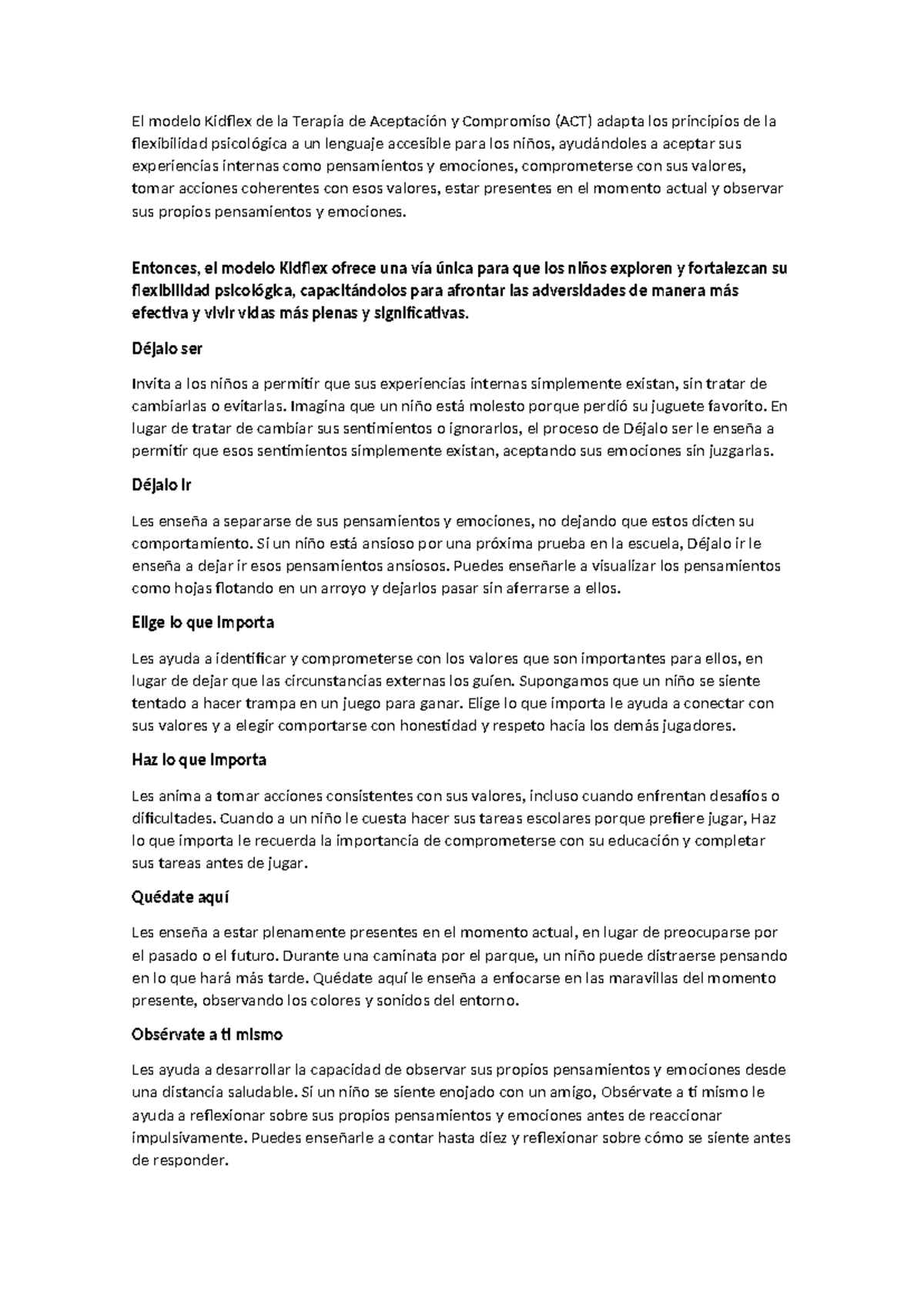 Kidflex: Terapia de Aceptación y Compromiso para Niños - Studocu