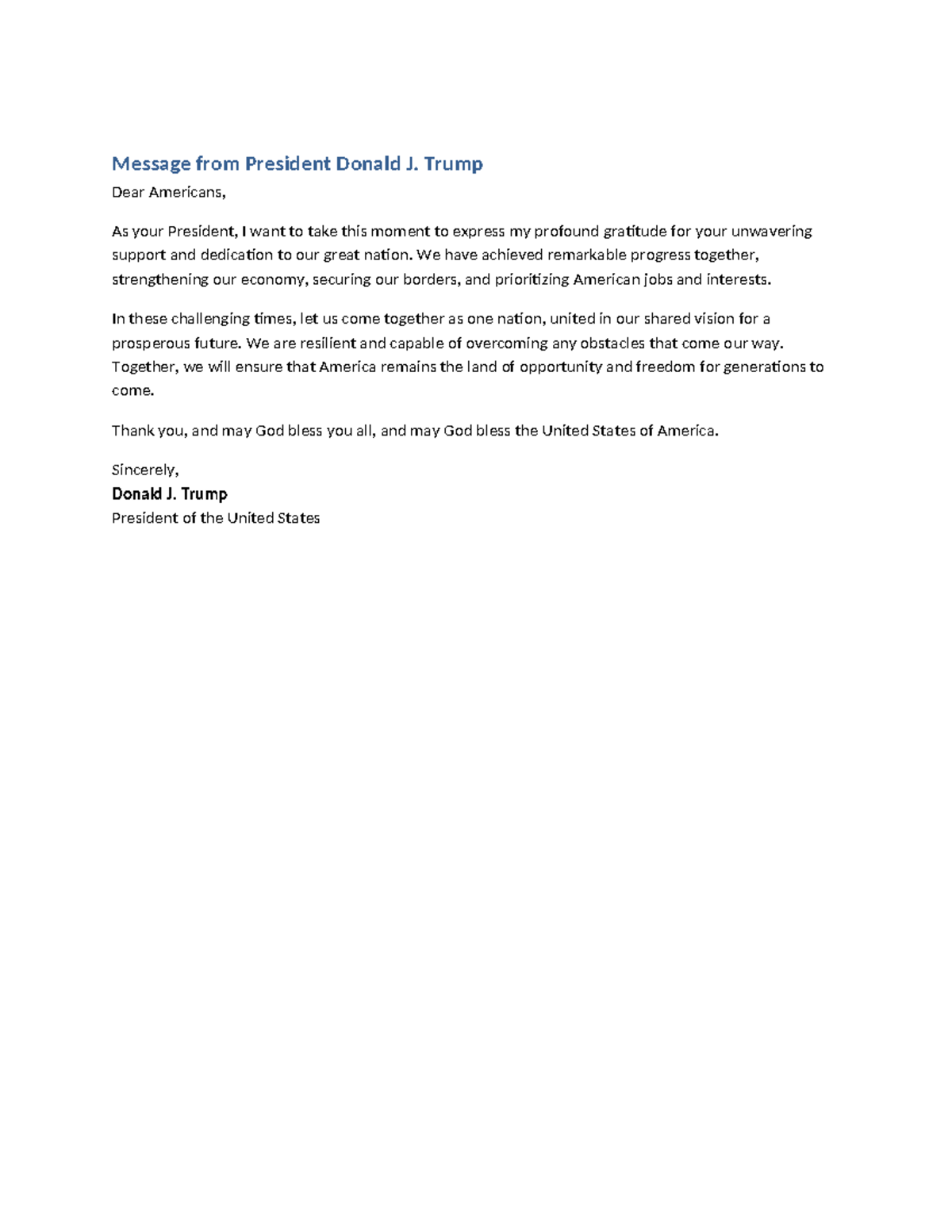 Presidential Message: Gratitude and Unity from Donald J. Trump - Studocu