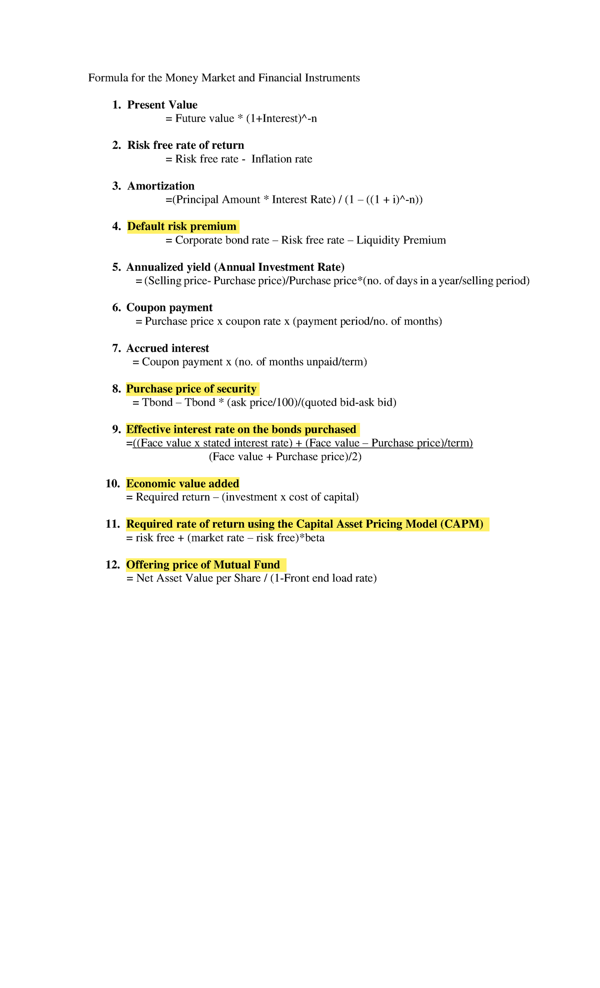 Financial Instruments & Money Market Formulas (FIN 101) - Studocu