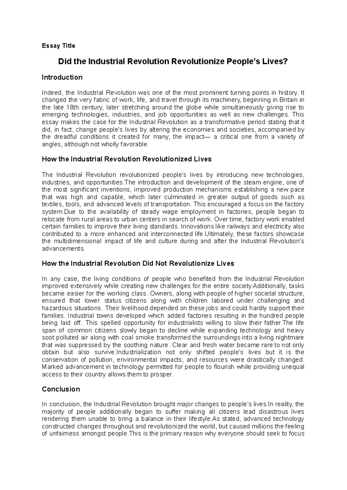Essay Planning Sheet: Did the Industrial Revolution Change Lives? - Studocu