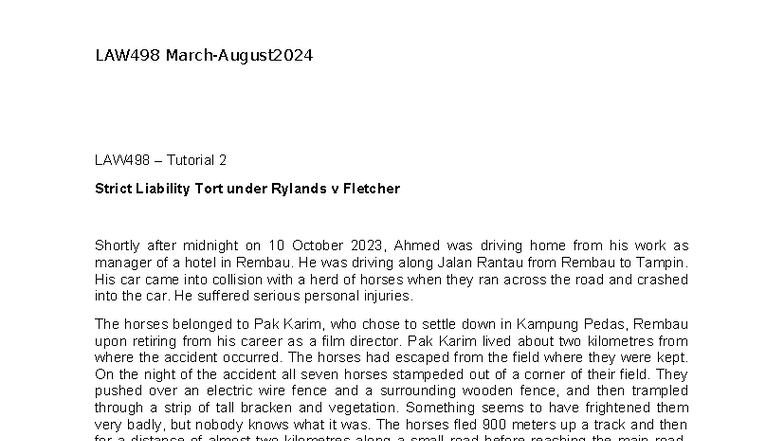 LAW498 Tutorial 2: Strict Liability Tort - Rylands v Fletcher Analysis ...